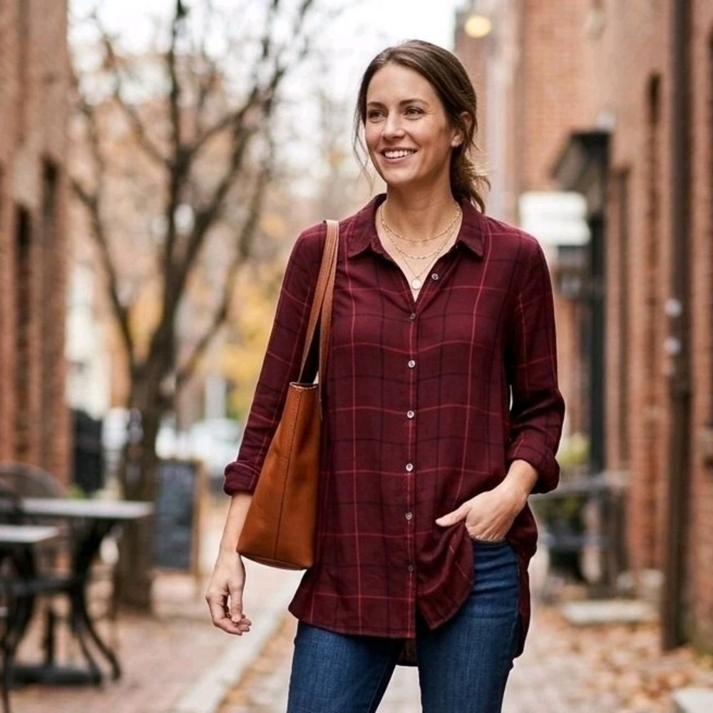 J. Jill Burgundy Red Plaid Button-Front Collared Long Sleeve Blouse Size XS